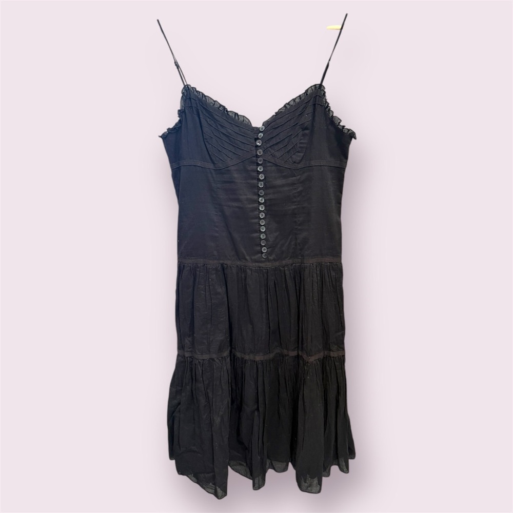 BCBGMAXAZRIA Women's Black Cotton Midi Dress Tier Button Up Size S